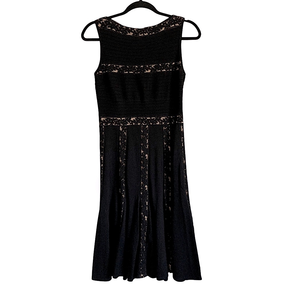 Tadashi Shoji Sleeveless Pin Tuck Jersey Floral Lace Inset Swing Dress